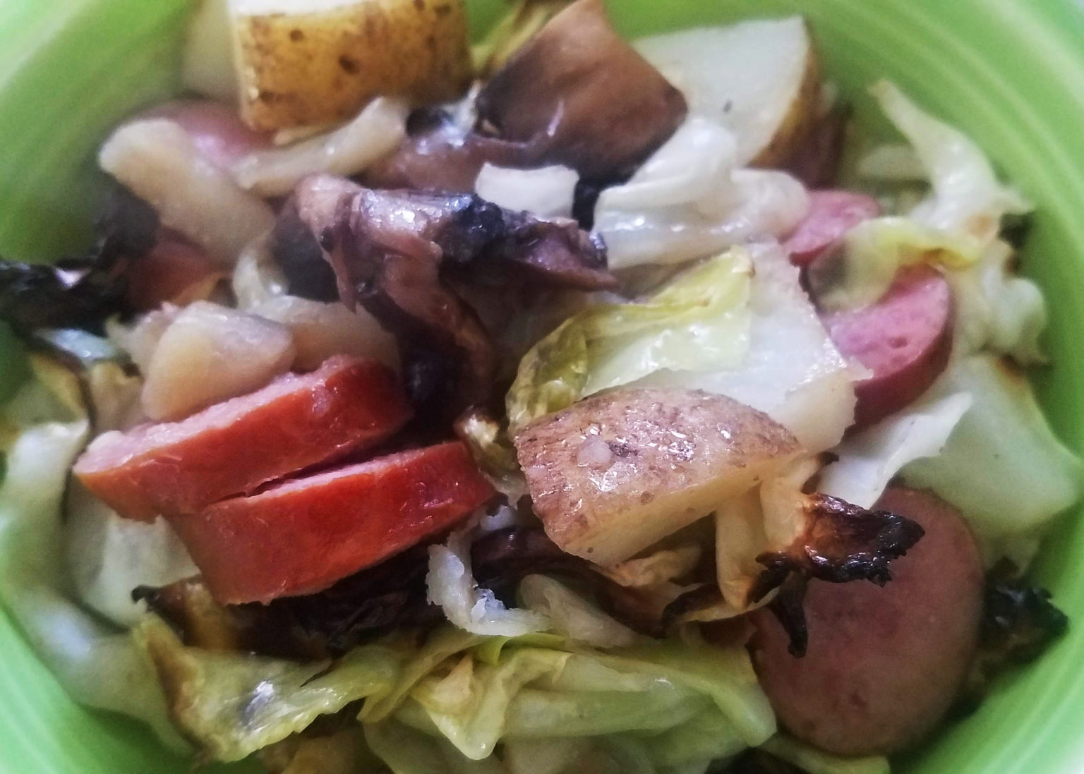 What’s Cooking OneDish Kielbasa with Potatoes, Cabbage, and Mushrooms